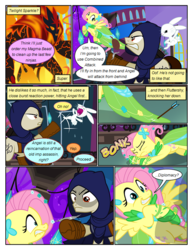 Size: 612x792 | Tagged: safe, artist:christhes, angel bunny, fluttershy, earth pony, pegasus, pony, rabbit, comic:friendship is dragons, g4, angry, animal, arrow, cloak, clothes, collaboration, comic, crossbow, crossover, dialogue, dress, eyes closed, female, fight, flying, gala dress, garrett, implied applejack, implied rainbow dash, implied twilight sparkle, injured, looking up, male, mare, night, onomatopoeia, ponified, scared, shadow, show accurate, spread wings, stallion, stars, thief (video game), wings, worried