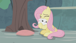 Size: 800x450 | Tagged: safe, screencap, angel bunny, doctor fauna, fluttershy, earth pony, pegasus, pony, rabbit, g4, she talks to angel, angelbetes, animal, animated, body swap, concentrated carrot extract, cute, hug, jar, pillow, rubbing eyes, shocked, shyabetes, tree