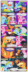 Size: 612x1553 | Tagged: safe, artist:christhes, applejack, pinkie pie, rainbow dash, earth pony, pegasus, pony, comic:friendship is dragons, g4, annoyed, bandana, blade, collaboration, comic, crash, crossover, dancing, dialogue, dragon age, ear piercing, earring, eyes closed, female, flying, freckles, grin, hat, hourglass, isabela, jewelry, laurel wreath, mare, mind control, night, onomatopoeia, pendulum swing, piercing, ponified, raised hoof, rearing, show accurate, shrug, smiling, stars, swirly eyes, tongue out, top hat, unamused, weapon, wingblade