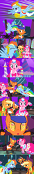 Size: 1920x9720 | Tagged: safe, alternate version, artist:christhes, applejack, pinkie pie, rainbow dash, earth pony, pegasus, pony, comic:friendship is dragons, g4, annoyed, bandana, blade, collaboration, comic, crash, crossover, dancing, dragon age, ear piercing, earring, eyes closed, female, flying, freckles, grin, hat, hourglass, isabela, jewelry, laurel wreath, mare, mind control, night, onomatopoeia, pendulum swing, piercing, ponified, raised hoof, rearing, show accurate, shrug, smiling, stars, swirly eyes, tongue out, top hat, unamused, weapon, wingblade