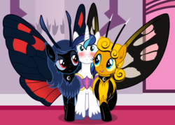 Size: 2876x2059 | Tagged: safe, artist:badumsquish, derpibooru exclusive, shining armor, oc, oc:flit, oc:minia, monster pony, moth, mothpony, original species, pony, unicorn, series:equestria and the world, g4, antennae, armor, blushing, boots, canterlot, canterlot castle, carpet, cheek fluff, cheek rub, chest fluff, cinnabar moth, curly mane, embarrassed, eyes on the prize, female, flag, flirting, fluffy, fluffy mane, grin, high res, hübner's wasp moth, leaning, lidded eyes, looking at you, male, moon, nuzzling, palace, raised hoof, royal guard, royal guard armor, shining armor gets all the mares, shoes, show accurate, smiling, spread wings, squishy cheeks, symbol, transparent wings, unshorn fetlocks, wings