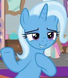 Size: 817x934 | Tagged: safe, screencap, trixie, pony, unicorn, a horse shoe-in, g4, cropped, female, lidded eyes, mare, smiling, solo