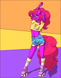 Size: 4430x5624 | Tagged: safe, artist:pitchyy, pinkie pie, earth pony, anthro, unguligrade anthro, g4, 80s, :p, abstract background, absurd resolution, arm behind head, belly button, clothes, denim shorts, female, looking at you, loose fitting clothes, roller skates, shirt, simple background, socks, solo, tongue out