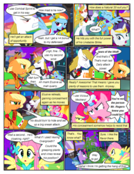 Size: 612x792 | Tagged: safe, artist:christhes, applejack, fluttershy, pinkie pie, prince blueblood, rainbow dash, rarity, twilight sparkle, earth pony, pegasus, pony, unicorn, comic:friendship is dragons, g4, alicorn amulet, alternate eye color, angry, bucking, clothes, collaboration, comic, dialogue, dress, eyes closed, female, fight, flying, freckles, gala dress, glare, glowing horn, hat, horn, jewelry, laurel wreath, male, mane six, mare, night, open mouth, raised hoof, rearing, show accurate, sombra eyes, spread wings, stallion, stars, tiara, unicorn twilight, unshorn fetlocks, vine, wide eyes, wings