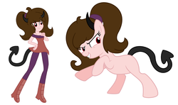Size: 2448x1448 | Tagged: safe, artist:katnekobase, artist:nightcorecat123, artist:yaya54320, oc, oc only, oc:lillith (demon), demon, demon pony, original species, pony, equestria girls, g4, base used, blank flank, boots, clothes, dress, equestria girls-ified, evil grin, female, grin, horns, leggings, mare, ponytail, self paradox, self ponidox, shoes, simple background, smiling, solo, white background