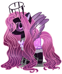 Size: 820x975 | Tagged: safe, artist:xbutchershy, oc, oc only, oc:crystal darkness, angel, angel pony, demon, demon pony, hybrid, original species, pegasus, pony, armor, cloak, clothes, colored sclera, eye scar, female, halo, hoof shoes, mare, open mouth, robe, scar, simple background, solo, transparent background
