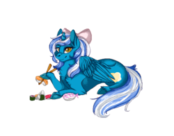 Size: 700x550 | Tagged: safe, artist:coughing-corpse, oc, oc:fleurbelle, alicorn, pony, adorabelle, alicorn oc, bow, chopsticks, cute, eat, eating, female, food, hair bow, mare, smiling, sushi, yellow eyes