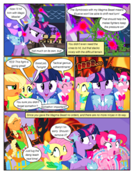 Size: 612x792 | Tagged: safe, artist:christhes, applejack, fluttershy, pinkie pie, twilight sparkle, earth pony, pegasus, pony, unicorn, comic:friendship is dragons, g4, blast, braided tail, clothes, collaboration, comic, dialogue, dress, eyes closed, freckles, gala dress, glowing horn, grin, hat, holding a pony, hoof shoes, horn, looking back, looking up, magic, magic blast, magma beast, night, onomatopoeia, running, sacred, scared, show accurate, smiling, stars, unicorn twilight, vine, worried