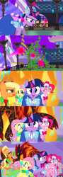 Size: 1920x5400 | Tagged: safe, alternate version, artist:christhes, applejack, fluttershy, pinkie pie, twilight sparkle, earth pony, pegasus, pony, unicorn, comic:friendship is dragons, g4, blast, braided tail, clothes, collaboration, comic, dress, eyes closed, floppy ears, freckles, gala dress, glowing horn, grin, hat, holding a pony, hoof shoes, horn, looking back, looking up, magic, magic blast, magma beast, night, onomatopoeia, running, sacred, scared, show accurate, smiling, stars, unicorn twilight, vine, worried