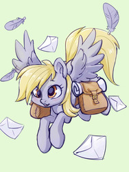 Size: 1200x1600 | Tagged: safe, artist:noupie, derpy hooves, pegasus, pony, g4, cute, derpabetes, digital art, feather, female, flying, letter, mare, saddle bag, simple background, solo