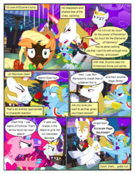 Size: 612x792 | Tagged: safe, artist:christhes, applejack, pinkie pie, prince blueblood, rainbow dash, rarity, earth pony, pegasus, pony, unicorn, comic:friendship is dragons, g4, alicorn amulet, alternate eye color, angry, burnt, clothes, collaboration, comic, dialogue, dress, evil grin, female, flower in mouth, frown, gala dress, glowing horn, grin, gritted teeth, hat, horn, jewelry, kicking, looking at you, male, mare, night, raised hoof, rose, rose in mouth, show accurate, smiling, stallion, stars, surprised, tiara, unshorn fetlocks, wide eyes