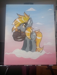 Size: 3120x4160 | Tagged: safe, artist:annuthecatgirl, derpy hooves, pony, g4, cloud, female, food, muffin, painting, solo, traditional art
