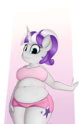 Size: 2160x3324 | Tagged: safe, artist:andelai, twilight velvet, unicorn, anthro, g4, belly button, bipedal, bra, breasts, busty twilight velvet, chubby, clothes, female, gilf, gradient background, high res, mare, milf, plump, ponytail, shorts, solo, underwear, wide hips