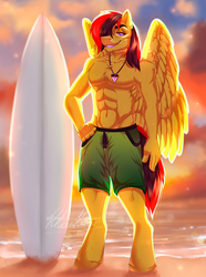 Size: 689x927 | Tagged: safe, artist:dolorosacake, oc, oc only, pegasus, anthro, beach, commission, community related, male, smiling, solo, surfing