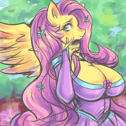 Size: 1000x1000 | Tagged: safe, artist:pinkkoffin, fluttershy, pegasus, anthro, g4, adorasexy, beautiful, beautisexy, big breasts, blushing, breasts, busty fluttershy, cleavage, clothes, cute, digital art, dress, evening gloves, female, fingerless gloves, gloves, huge breasts, long gloves, looking at you, mare, sexy, smiling, solo, spread wings, wings