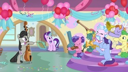 Size: 1920x1080 | Tagged: safe, screencap, auburn vision, berry blend, berry bliss, end zone, huckleberry, november rain, octavia melody, silverstream, starlight glimmer, classical hippogriff, earth pony, hippogriff, pegasus, pony, unicorn, a horse shoe-in, g4, balloon, bow (instrument), cello, clarinet, dexterous hooves, friendship student, magic, male, musical instrument, saxophone, stallion, triangle, trombone, trumpet, violin