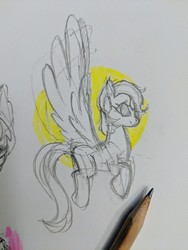 Size: 1512x2016 | Tagged: safe, artist:taytinabelle, derpibooru exclusive, pegasus, pony, female, flying, generic pony, large wings, mare, pencil drawing, simple background, solo focus, spread wings, traditional art, wings