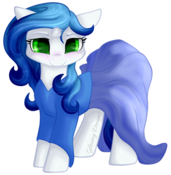 Size: 884x904 | Tagged: safe, artist:gleamydreams, oc, oc only, oc:gleamy, pony, unicorn, blue hair, blushing, clothes, dress, female, green eyes, looking at you, mare, smiling, solo