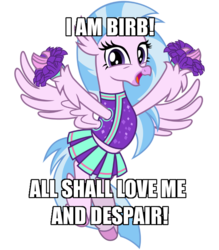 Size: 600x686 | Tagged: safe, artist:cheezedoodle96, edit, silverstream, classical hippogriff, hippogriff, 2 4 6 greaaat, g4, arms spread out, birb, caption, cheering, cheerleader, cheerleader outfit, cheerleader silverstream, clothes, cute, diastreamies, female, flying, galadriel, happy, horsebird, image macro, looking at you, lord of the rings, moe, open mouth, pleated skirt, pom pom, shirt, simple background, skirt, solo, spread wings, text, transparent background, vector, wings