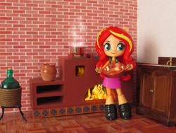 Size: 1200x900 | Tagged: safe, artist:whatthehell!?, sunset shimmer, equestria girls, g4, clothes, cooking pot, cuisine, doll, equestria girls minis, eqventures of the minis, irl, jar, kitchen, photo, stove, toy