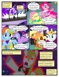 Size: 612x792 | Tagged: safe, artist:christhes, applejack, fluttershy, pinkie pie, prince blueblood, rainbow dash, rarity, twilight sparkle, pony, comic:friendship is dragons, g4, alicorn amulet, angry, clothes, collaboration, comic, dialogue, dress, eyes closed, female, flower, freckles, front view, frown, gala dress, glowing, glowing eyes, injured, jewelry, lightning, male, mane six, mare, one eye closed, open mouth, pointing, possessed, red eyes, rose, scared, show accurate, sitting, stallion, tiara, unshorn fetlocks, wink, worried