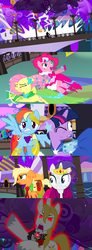 Size: 1920x5200 | Tagged: safe, alternate version, artist:christhes, applejack, fluttershy, pinkie pie, prince blueblood, rainbow dash, rarity, twilight sparkle, pony, comic:friendship is dragons, g4, alicorn amulet, angry, clothes, collaboration, comic, dress, eyes closed, female, flower, freckles, front view, frown, gala dress, glowing, glowing eyes, injured, jewelry, lightning, male, mane six, mare, one eye closed, open mouth, pointing, possessed, red eyes, rose, scared, show accurate, sitting, stallion, tiara, unshorn fetlocks, wink, worried