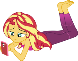 Size: 2541x2010 | Tagged: safe, artist:marcorulezzz, sunset shimmer, equestria girls, g4, my little pony equestria girls: choose your own ending, wake up!, wake up!: rainbow dash, barefoot, cellphone, clothes, feet, female, geode of empathy, high res, magical geodes, pants, phone, prone, simple background, sleeveless, smartphone, solo, transparent background, vector, yoga pants