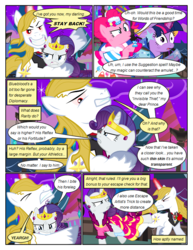 Size: 612x792 | Tagged: safe, artist:christhes, pinkie pie, prince blueblood, rarity, twilight sparkle, earth pony, pony, unicorn, comic:friendship is dragons, g4, alicorn amulet, alternate eye color, angry, biting, bucking, clothes, collaboration, comic, dialogue, dress, evil grin, female, flower, frown, gala dress, glare, glass slipper (footwear), glowing horn, grin, high heels, horn, injured, jewelry, looking back, male, mare, night, possessed, rose, shoes, show accurate, smiling, stallion, stars, tiara, unicorn twilight, unshorn fetlocks, worried