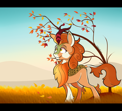 Size: 3977x3597 | Tagged: safe, artist:tehshockwave, autumn blaze, kirin, g4, autumn, female, high res, leaves, looking up, quadrupedal, smiling, solo, tree