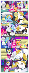 Size: 612x1553 | Tagged: safe, artist:christhes, applejack, fluttershy, pinkie pie, prince blueblood, rainbow dash, rarity, twilight sparkle, earth pony, pegasus, pony, unicorn, comic:friendship is dragons, g4, alicorn amulet, angry, cheering, clothes, collaboration, comic, covering ears, dialogue, dress, eyes closed, female, flower, gala dress, glare, glass slipper (footwear), glowing horn, grin, high heels, hoof shoes, horn, injured, jewelry, lightning, looking back, male, mane six, mare, music notes, night, onomatopoeia, pom pom, possessed, raised hoof, rose, shoes, show accurate, smiling, stallion, stars, tiara, unicorn twilight, unshorn fetlocks