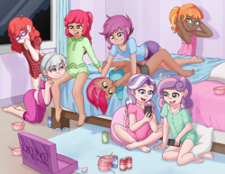 Size: 3300x2550 | Tagged: safe, artist:fearingfun, apple bloom, babs seed, diamond tiara, scootaloo, silver spoon, sweetie belle, tag-a-long, twist, human, g4, adorababs, adorabloom, barefoot, bed, clothes, cute, cutealoo, dark skin, diamondbetes, diasweetes, feet, female, high res, humanized, midriff, pajamas, silverbetes, slumber party, twistabetes