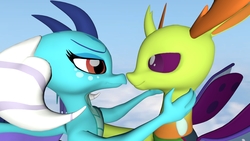 Size: 3840x2160 | Tagged: safe, artist:andrescortez7, princess ember, thorax, changedling, changeling, dragon, g4, 3d, dragoness, female, high res, interspecies, king thorax, looking at each other, male, romantic, ship:embrax, shipping, source filmmaker, straight