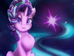 Size: 2629x2000 | Tagged: safe, artist:light262, edit, starlight glimmer, crystal pony, pony, unicorn, g4, chest fluff, crystallized, cute, cutie mark background, female, glimmerbetes, high res, looking at you, mare, sitting, solo, stars