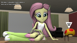 Size: 1920x1080 | Tagged: safe, artist:scalelover, fluttershy, equestria girls, g4, 3d, adorasexy, alice in wonderland, ashamed, clothes, cute, eating, embarrassed, female, giantess, giantshy, growth, implied eating, macro, mega mushroom, new super mario bros., nintendo, sad, sexy, sitting, skirt, source filmmaker, super mario bros., tank top, text
