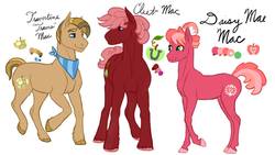 Size: 1192x670 | Tagged: safe, artist:sizzcake, oc, oc only, oc:cleet mac, oc:daisy mae mac, oc:travertine mac, earth pony, pony, color palette, female, half-siblings, male, mare, offspring, parent:big macintosh, parent:cheerilee, parent:double diamond, parent:marble pie, parent:sugar belle, parents:cheerimac, parents:marblemac, parents:sugarmac, siblings, simple background, stallion, white background