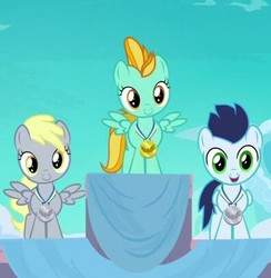 Size: 396x405 | Tagged: safe, screencap, derpy hooves, lightning dust, soarin', pegasus, pony, g4, parental glideance, colt soarin', cropped, cute, derpabetes, dustabetes, female, filly, filly derpy, filly lightning dust, flashback, folded wings, gold medal, open mouth, silver medal, smiling, soarinbetes, spread wings, trio, younger