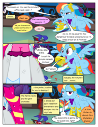Size: 612x792 | Tagged: safe, artist:christhes, rainbow dash, rarity, pegasus, pony, comic:friendship is dragons, g4, alicorn amulet, clothes, collaboration, comic, crushing, dialogue, dress, female, frown, gala dress, glass slipper (footwear), grin, high heels, implied applejack, implied fluttershy, implied twilight sparkle, injured, laurel wreath, mare, raised hoof, shocked, shoes, show accurate, smiling