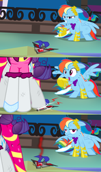Size: 1920x3240 | Tagged: safe, alternate version, artist:christhes, rainbow dash, rarity, pegasus, pony, comic:friendship is dragons, g4, alicorn amulet, clothes, collaboration, comic, crushing, dress, female, frown, gala dress, glass slipper (footwear), grin, high heels, implied applejack, implied fluttershy, implied twilight sparkle, injured, laurel wreath, mare, raised hoof, shocked, shoes, show accurate, smiling