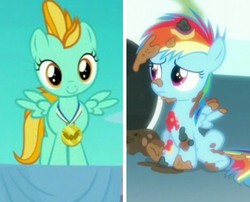 Size: 1205x973 | Tagged: safe, edit, screencap, lightning dust, rainbow dash, pony, g4, newbie dash, parental glideance, abuse, cropped, dashabuse, downvote bait, female, filly, filly lightning dust, filly rainbow dash, op is a duck, op is trying to start shit, rainbow trash, sad, younger