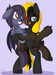 Size: 1554x2071 | Tagged: safe, artist:pearlyiridescence, oc, oc:nyn indigo, oc:shade demonshy, hybrid, original species, pegasus, pony, timber pony, timber wolf, bandage, bandaged wing, bipedal, bridal carry, carrying, claws, cuff, cute, duo, fangs, female, floppy ears, grin, heterochromia, male, mare, open mouth, ponytail, scar, smiling, species swap, stallion, wings