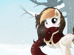 Size: 800x596 | Tagged: safe, artist:hikariviny, oc, oc only, oc:sweet lullaby, pegasus, pony, blushing, clothes, female, hoof gloves, mare, raised hoof, scar, scarf, smiling, snow, solo, tail wrap, tree, winter