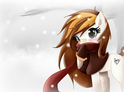 Size: 800x596 | Tagged: safe, artist:hikariviny, oc, oc only, oc:sweet lullaby, pony, bandage, blushing, clothes, female, hoof gloves, mare, raised hoof, scarf, smiling, snow, solo, tail wrap, tree, winter
