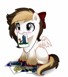 Size: 893x1016 | Tagged: safe, artist:hikariviny, doctor whooves, time turner, oc, oc:sweet lullaby, pegasus, pony, g4, blushing, bow, crayon, dalek, deformed wing, doctor who, drawing, female, filly, hair bow, jewelry, key, mouth hold, necklace, paper, tail wrap, tardis, the doctor, time machine, unshorn fetlocks