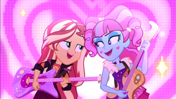 Size: 1920x1080 | Tagged: safe, screencap, kiwi lollipop, sunset shimmer, equestria girls, equestria girls specials, g4, my little pony equestria girls: better together, my little pony equestria girls: sunset's backstage pass, concert, duo, duo female, electric guitar, female, guitar, k-lo, musical instrument, open mouth, singing, true original (song)
