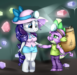 Size: 900x880 | Tagged: safe, artist:pia-sama, rarity, spike, dragon, unicorn, anthro, unguligrade anthro, dragon dropped, g4, basket, breasts, busty rarity, cave, chibi, clothes, cute, digital art, female, flashlight (object), gem, gem cave, hat, holding hands, male, mare, ship:sparity, shipping, smiling, straight, winged spike, wings
