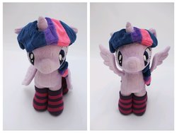 Size: 1280x960 | Tagged: safe, artist:nekokevin, twilight sparkle, alicorn, pony, g4, 4de, clothes, female, happy, irl, looking at you, mare, photo, plushie, sad, smiling, socks, solo, spread wings, striped socks, twilight sparkle (alicorn), wings