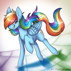 Size: 1757x1778 | Tagged: safe, artist:frostii-dragons, rainbow dash, pony, g4, female, grin, hair over one eye, signature, smiling, smirk, solo