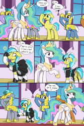 Size: 2000x3000 | Tagged: safe, artist:skitter, princess celestia, alicorn, earth pony, pony, unicorn, comic:demoted, g4, armor, bowtie, butt, clothes, comic, crown, dialogue, eyes closed, facehoof, female, floppy ears, helmet, high res, hoof shoes, jewelry, magic, maid, male, male to female, mare, nervous, peytral, plot, regalia, royal guard, rule 63, salute, speech bubble, stallion, sweat, sweatdrops, transformation, transgender transformation, trollestia