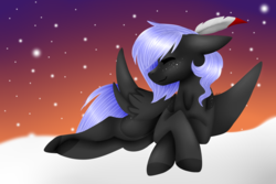 Size: 3000x2000 | Tagged: safe, artist:sacaat, oc, oc only, oc:cloudy night, pegasus, pony, feather, feather in hair, female, floppy ears, high res, mare, smiling, solo, spread wings, twilight (astronomy), wings