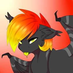 Size: 2000x2000 | Tagged: safe, artist:sacaat, oc, oc only, oc:newt, bat pony, lizard pony, newt, pony, bat pony oc, ear fluff, eye clipping through hair, female, gradient background, high res, looking at you, mare, salivating, solo, stripes, tongue out, wing claws